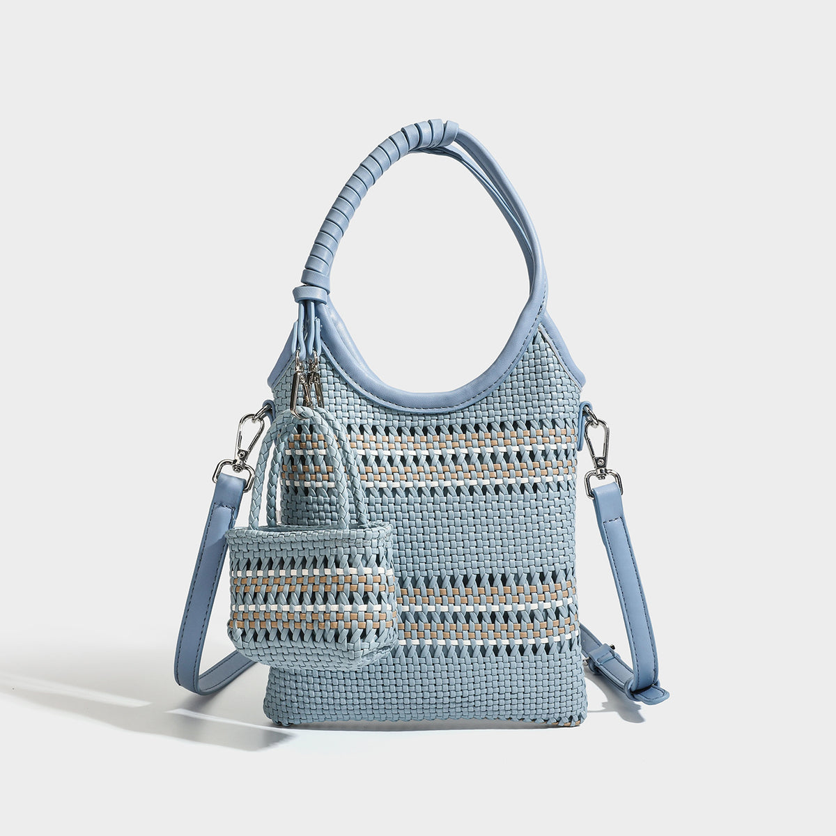 Brown two-tone woven leather-look shoulder bag with braided top handles, detachable mini pouch, and adjustable crossbody