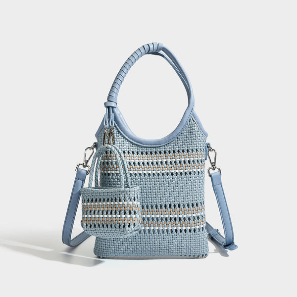 Brown two-tone woven leather-look shoulder bag with braided top handles, detachable mini pouch, and adjustable crossbody