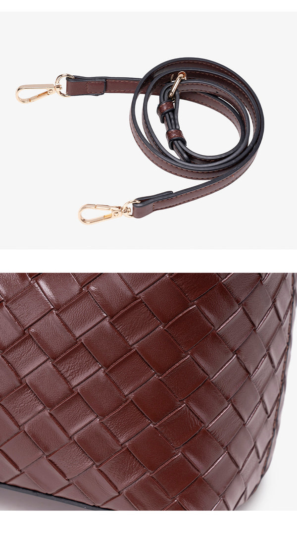 Brown woven-emboss leather-look bucket bag with short top handle, detachable crossbody strap, gold-tone hardware, and rabbit