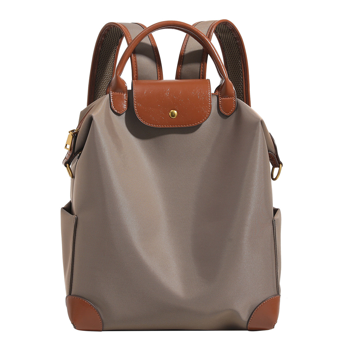Soft rectangular nylon convertible backpack handbag with leather-look trim, snap-flap closure, top carry handles, padded