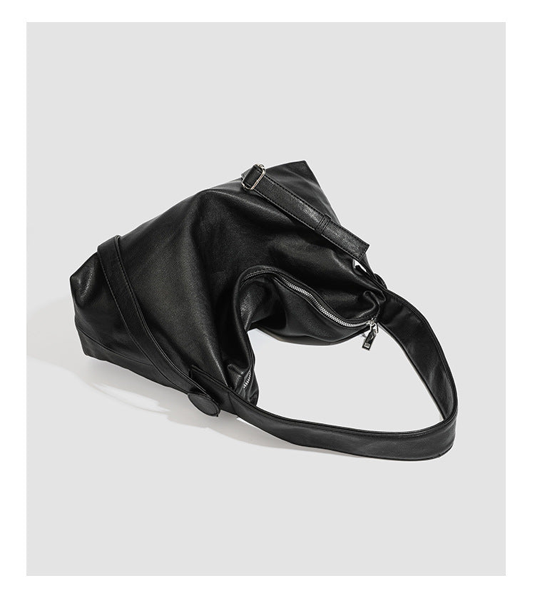 Slouchy leather-look hobo shoulder bag with top zipper and silver-tone hardware, detail view 16