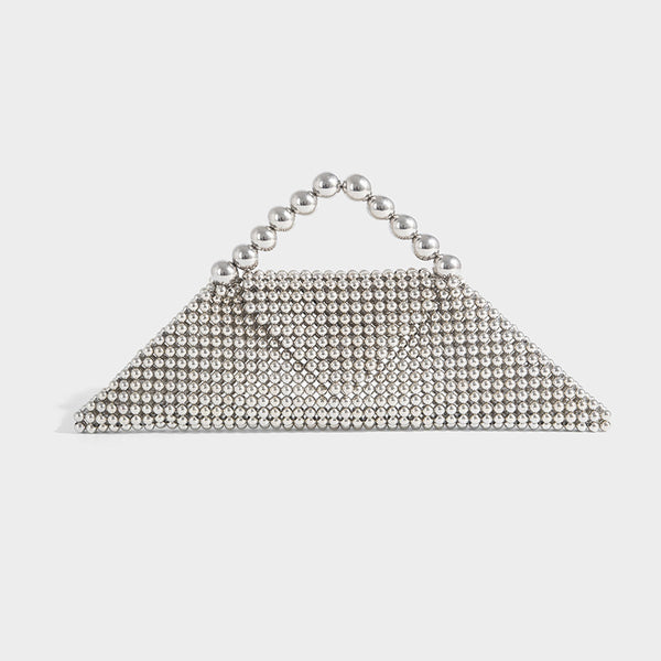 Small structured triangle clutch bag covered in glossy pearl beads with an arched pearl top handle and silver snap closure