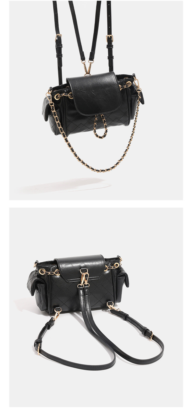 Small quilted leather-look flap bag with gold-tone chain strap and diamond stitch pattern, detail view 13