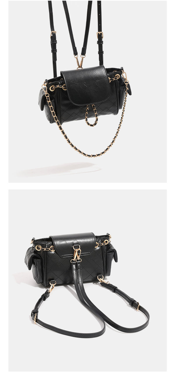 Small quilted leather-look flap bag with gold-tone chain strap and diamond stitch pattern, detail view 13