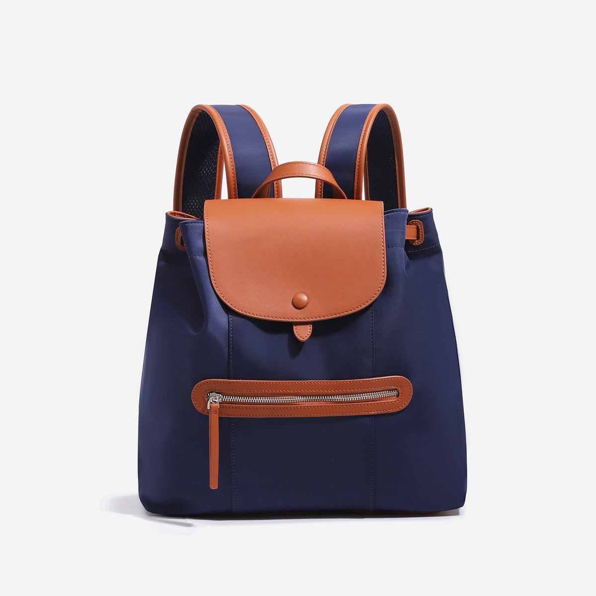 Large flap-top nylon backpack with leather-look trim, snap closure, front zip pocket, and padded shoulder straps, detail view