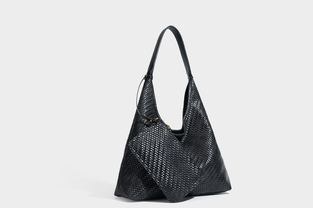 Slouchy woven leather-look hobo tote bag in brown with detachable zip pouch and gold-tone hardware, detail view 48