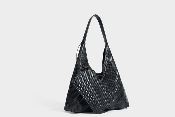 Slouchy woven leather-look hobo tote bag in brown with detachable zip pouch and gold-tone hardware, detail view 48