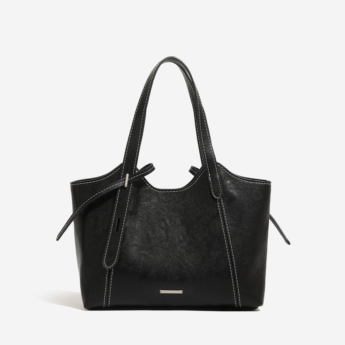 Structured distressed leather-look tote bag with contrast topstitching, side tie detail, dual top handles, and detachable