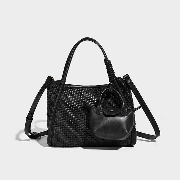 Woven texture open-top tote bag with smooth trim top handles and attached mini drawstring pouch in dark brown, detail view 7