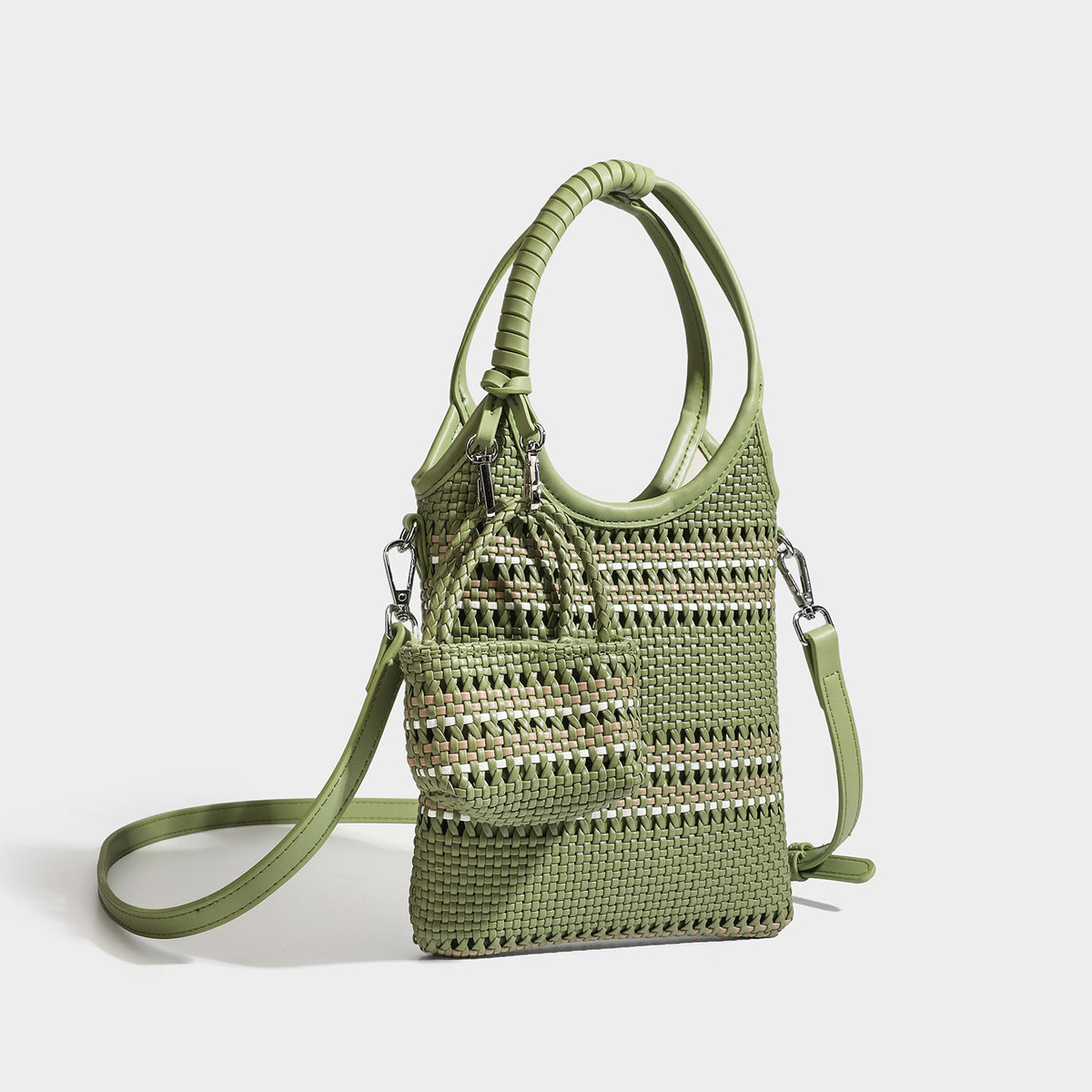Color-block woven tote bag with rounded leather-look handles, detachable crossbody strap, and matching mini clip-on pouch in