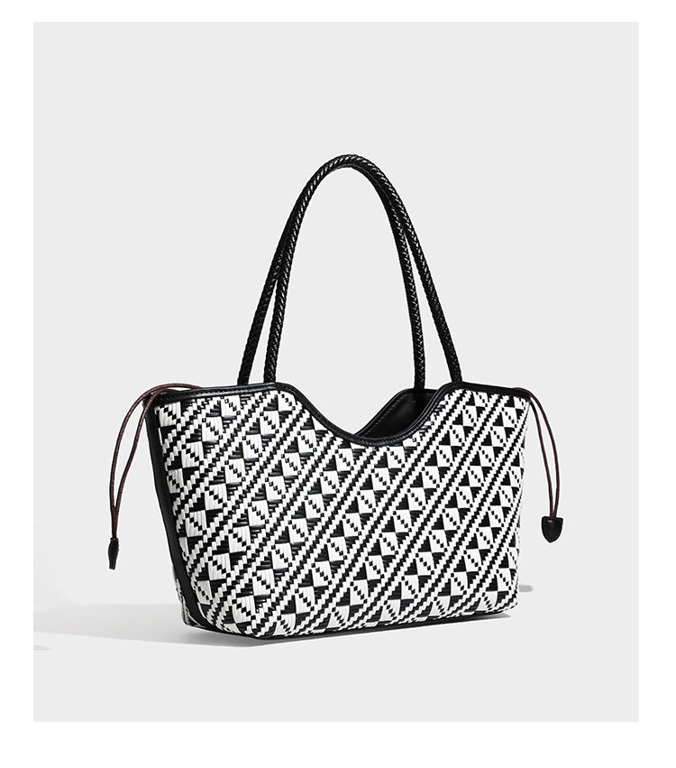 Woven geometric two-tone tote bag with braided shoulder straps and leather-look trim, detail view 20