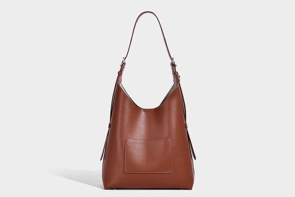 Large open-top hobo shoulder bag in tan leather-look finish with detachable zip pouch and adjustable buckle strap, detail