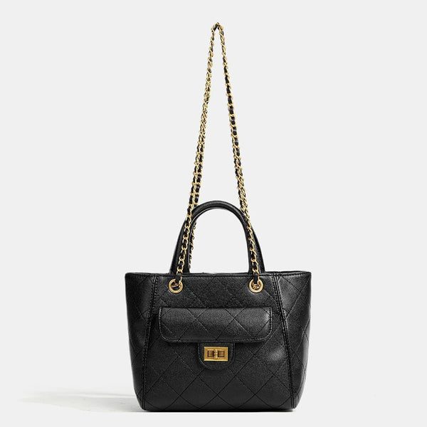Diamond-quilted leather-look shoulder tote bag with gold-tone chain strap and dual top handles, detail view 6