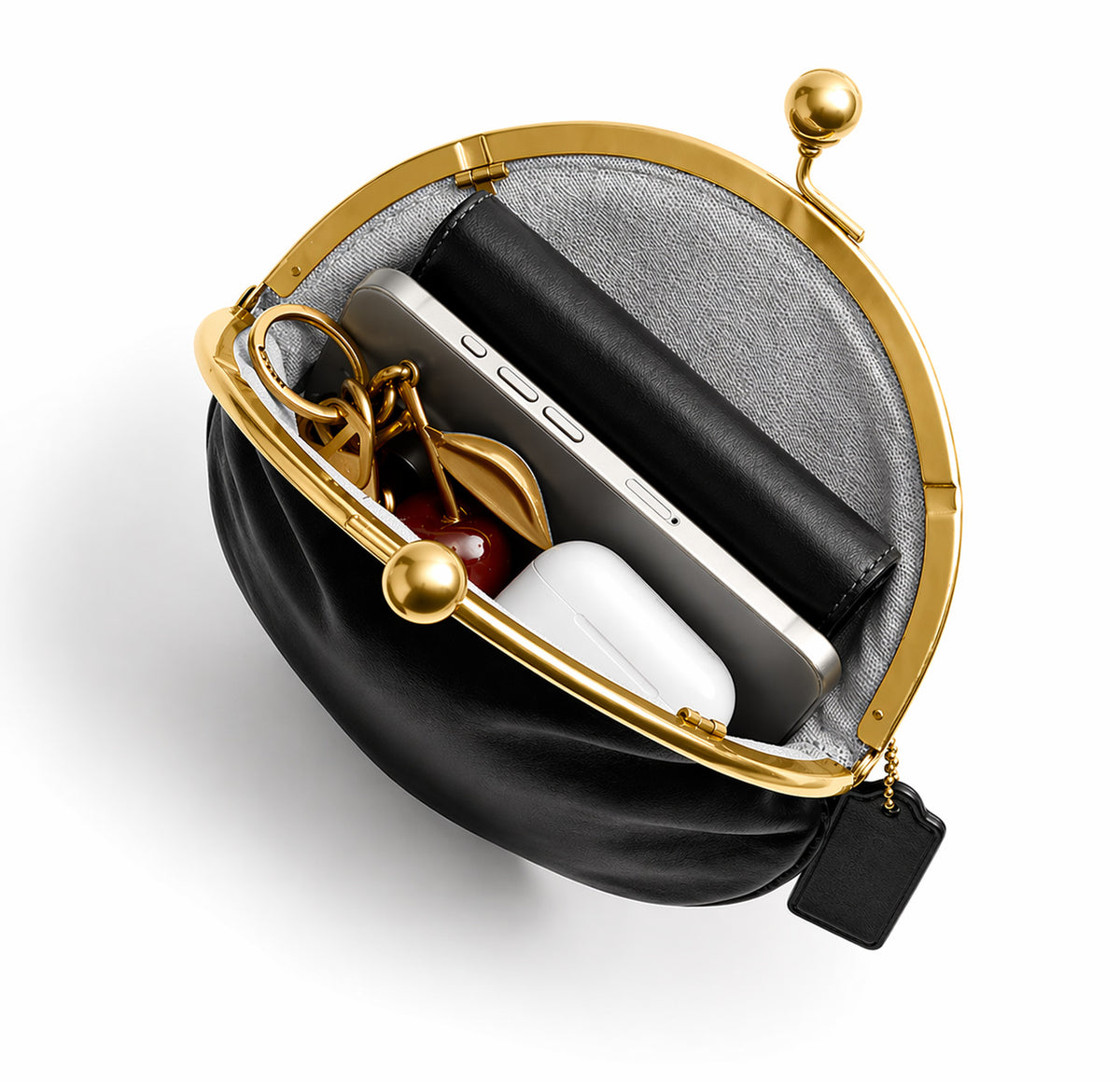 Runde Clutch mit Kiss-Lock-Verschluss, goldfarbenem Rahmen und Kugelknöpfen, Detailansicht 25
