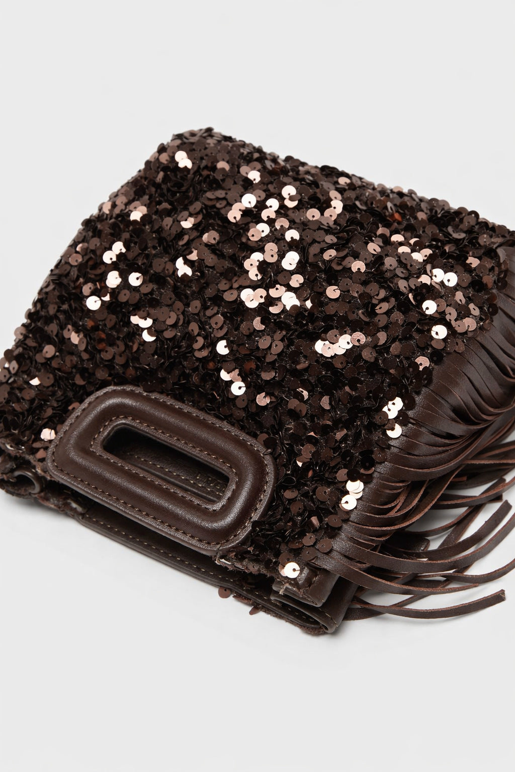 Small structured dark brown sequin handbag with leather-look fringe side trim and top cutout handle, detail view 15