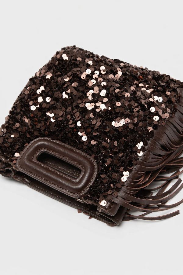 Small structured dark brown sequin handbag with leather-look fringe side trim and top cutout handle, detail view 15