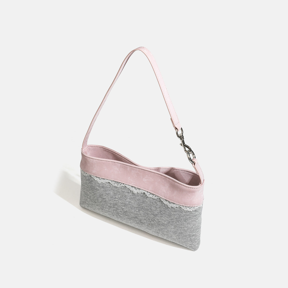 Compact gray textile shoulder bag with lace trim and smooth leather-look strap, detail view 3