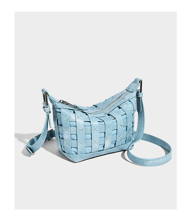 Small woven convertible shoulder bag with top zipper, silver-tone hardware, and detachable crossbody strap, detail view 14