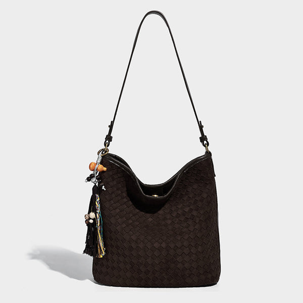 Dark chocolate woven texture hobo shoulder bag with multicolor tassel-and-bead charm and long adjustable strap, front view