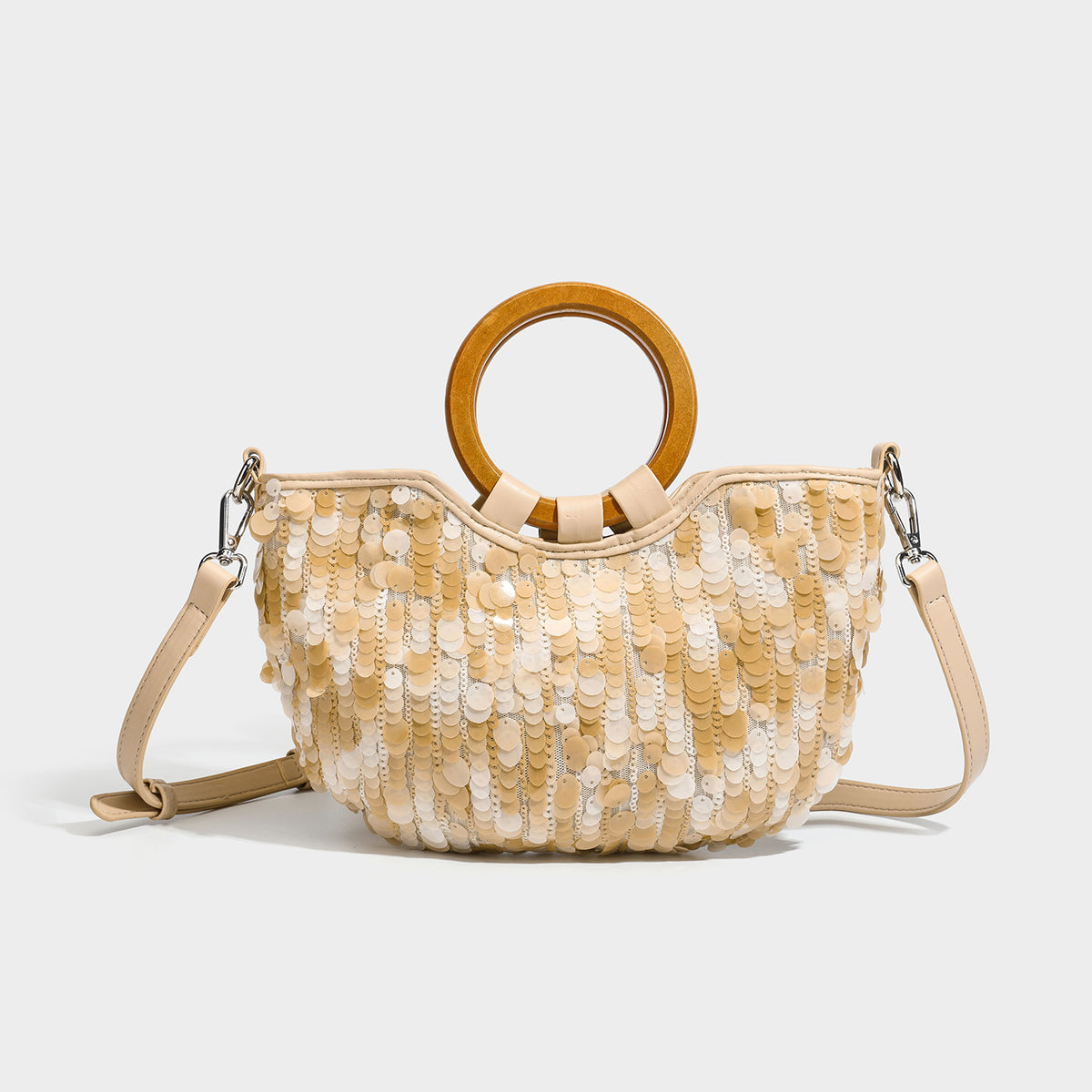 Small sequin half-moon handbag with circular wood-look ring handles and detachable leather-look shoulder strap, detail view 9
