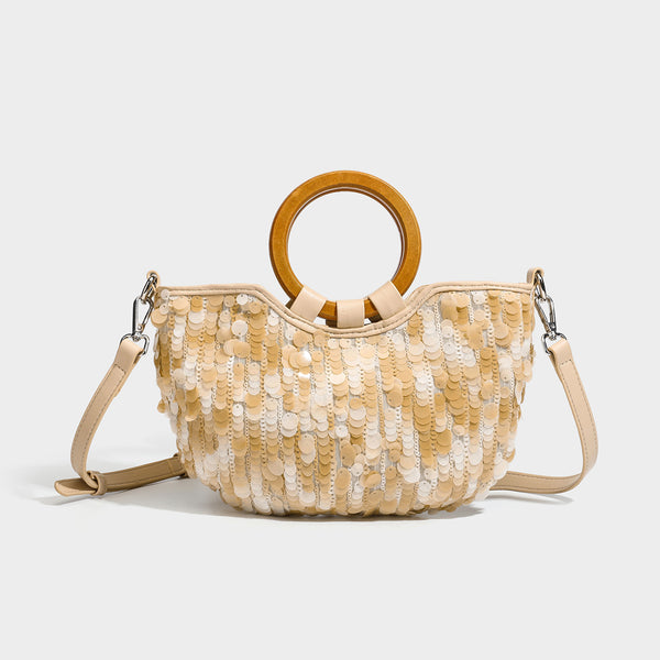 Small sequin half-moon handbag with circular wood-look ring handles and detachable leather-look shoulder strap, detail view 9