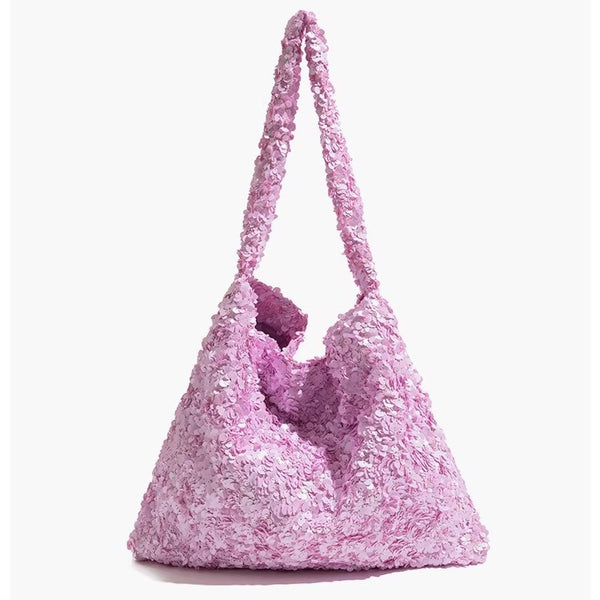 Slouchy all-over sequin shoulder tote bag with single strap and open top, front view