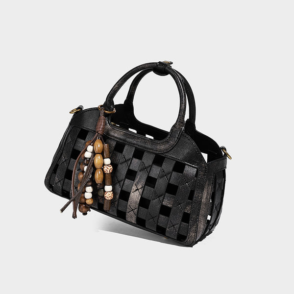 Small structured woven lattice top-handle satchel bag with bead-and-tassel charm and gold-tone hardware, detail view 6