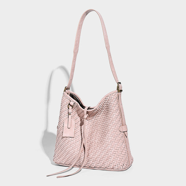 Slouchy woven-texture bucket shoulder bag with tassel tie closure and gold-tone hardware, detail view 11