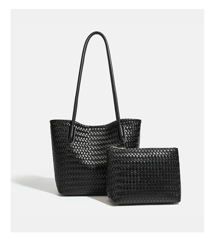Structured woven leather-look tote bag with long shoulder straps and matching zippered pouch, detail view 20