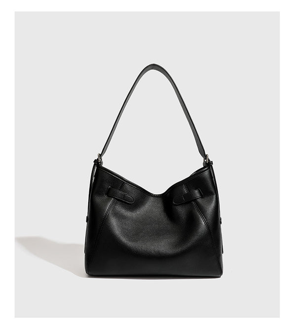 Large black pebbled leather-look hobo shoulder bag with silver-tone turn-lock front hardware and single flat adjustable