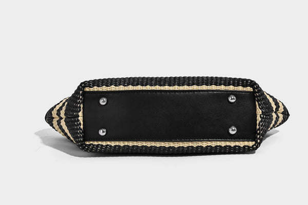 Black and natural striped woven tote bag with chain shoulder strap and silver-tone turn-lock hardware, detail view 24