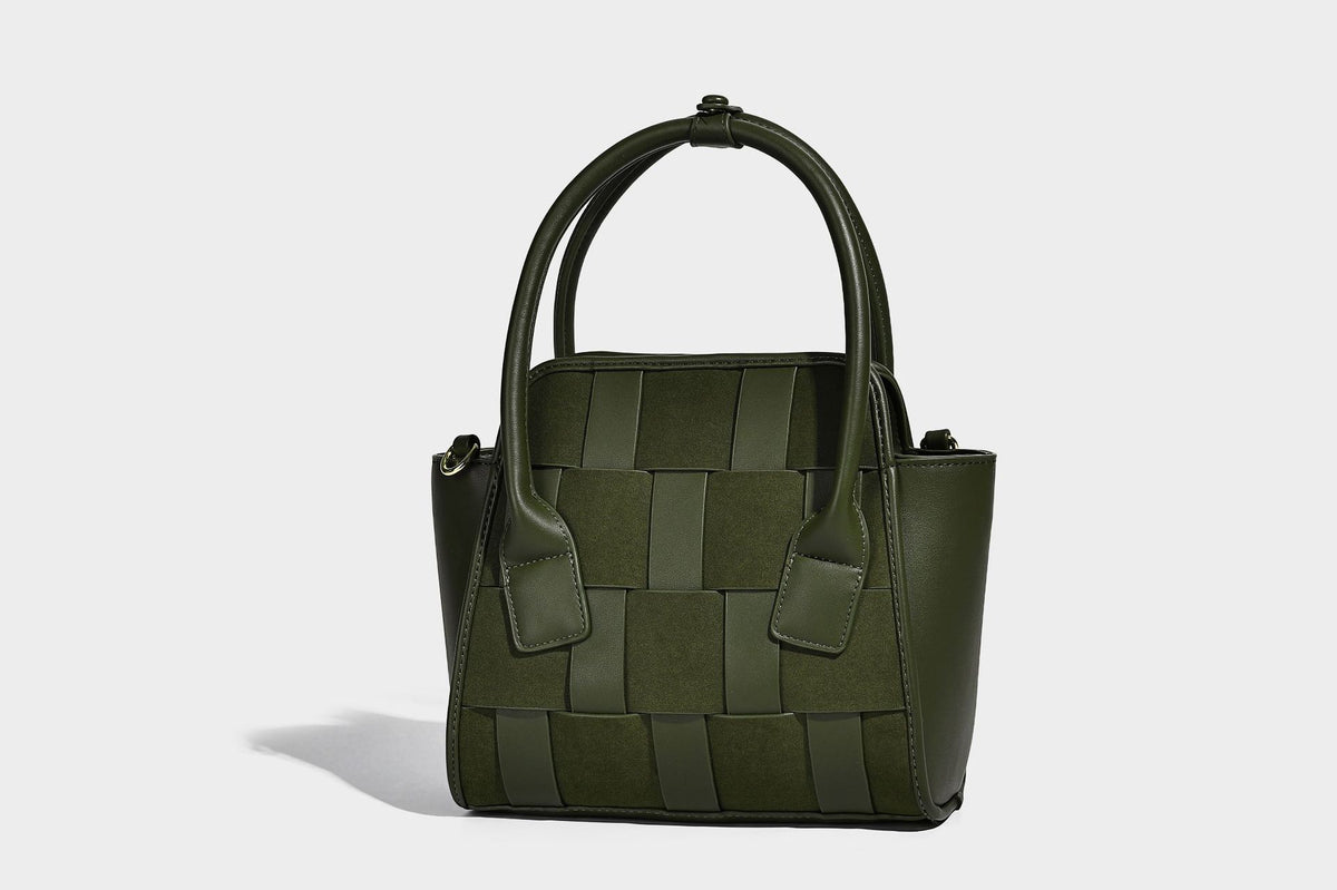 Small structured woven-panel mini tote bag with double top handles and detachable crossbody strap in matte leather-look
