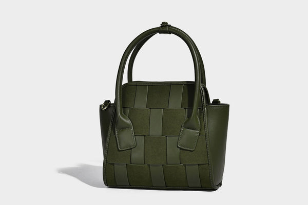 Small structured woven-panel mini tote bag with double top handles and detachable crossbody strap in matte leather-look