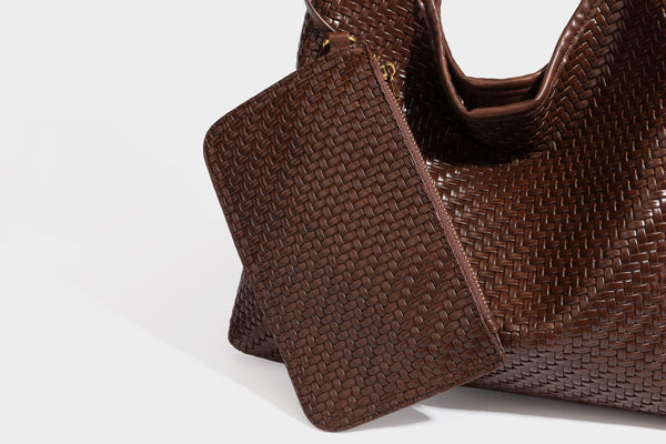 Slouchy woven leather-look hobo tote bag in brown with detachable zip pouch and gold-tone hardware, detail view 36