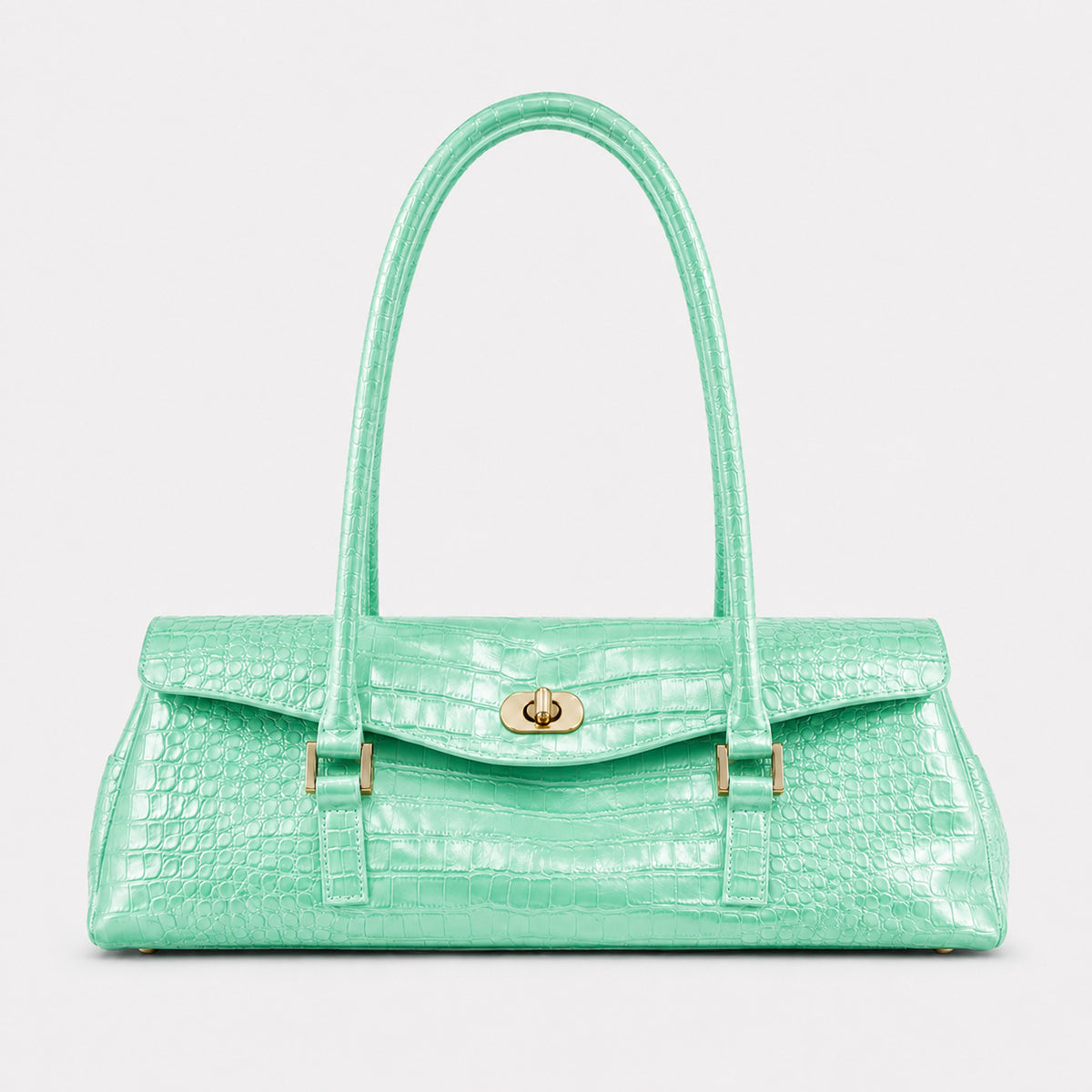 Structured croc-embossed leather-look satchel bag with gold-tone turn-lock closure and dual top handles, front view