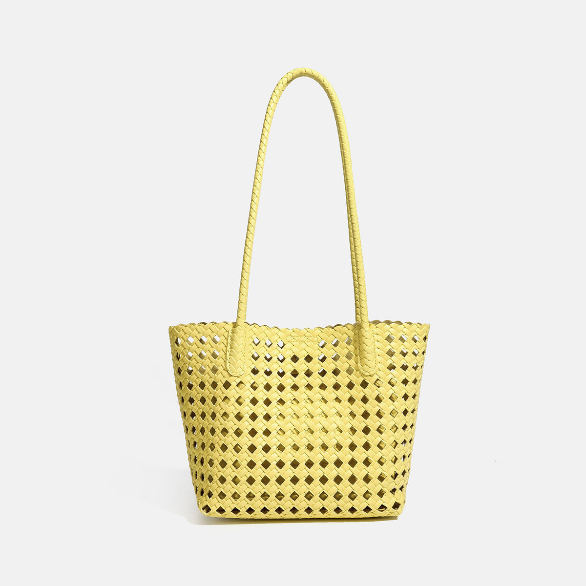 Gewebte Tote-Bag in Chartreuse mit offenem Gittermuster, langen geflochtenen Schulterriemen und gewelltem oberen Rand, Detailansicht 7