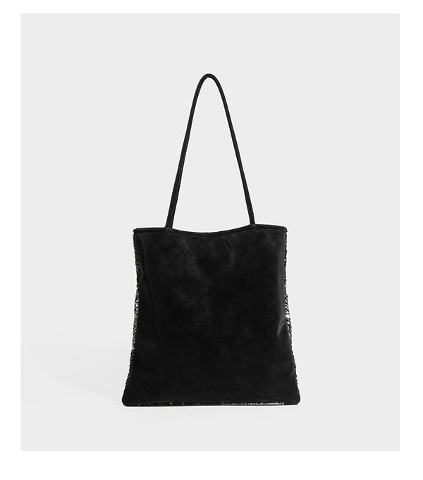 Soft rectangular sequin tote bag with colorblock metallic panels and long slim shoulder straps, detail view 16