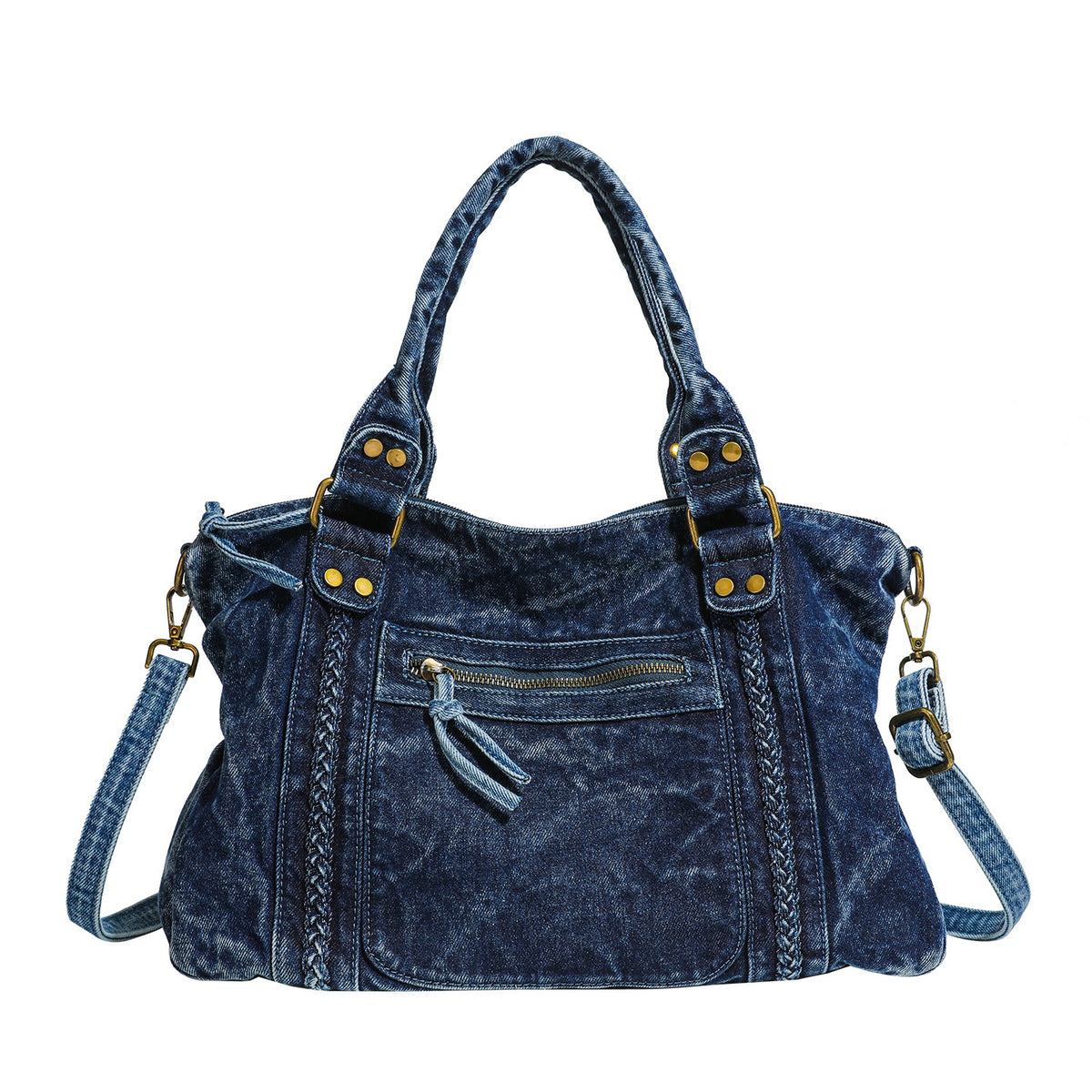 Large washed blue denim-look shoulder bag with gold-tone rings and rivets, top zip closure, front zip pocket, and adjustable