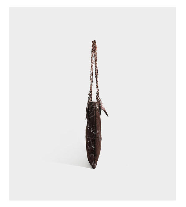 Brown suede-finish tote bag with paisley embroidery and braided fabric-ribbon shoulder strap, detail view 26