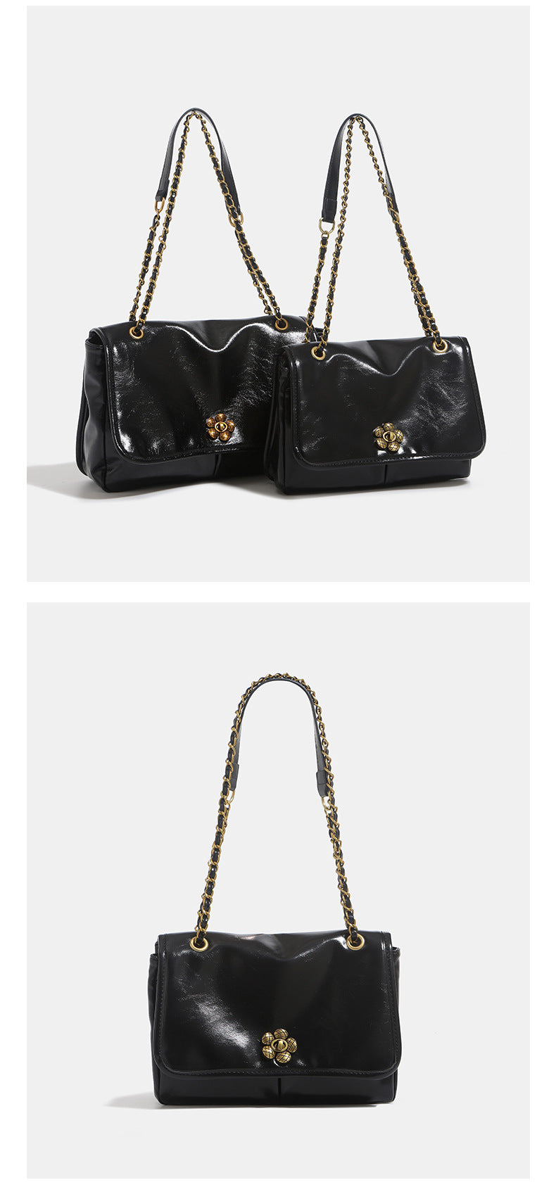 Structured glossy flap shoulder bag with antique gold floral turn-lock clasp and chain-and-leather strap, detail view 10