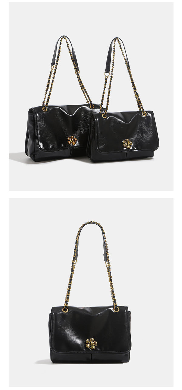 Structured glossy flap shoulder bag with antique gold floral turn-lock clasp and chain-and-leather strap, detail view 10