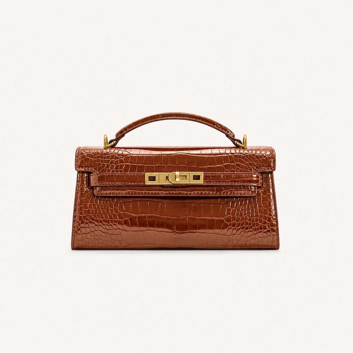 Strukturierte rechteckige Satchel-Tasche mit Krokodilprägung, goldfarbenem Drehverschluss und kurzem Henkel, Detailansicht 2