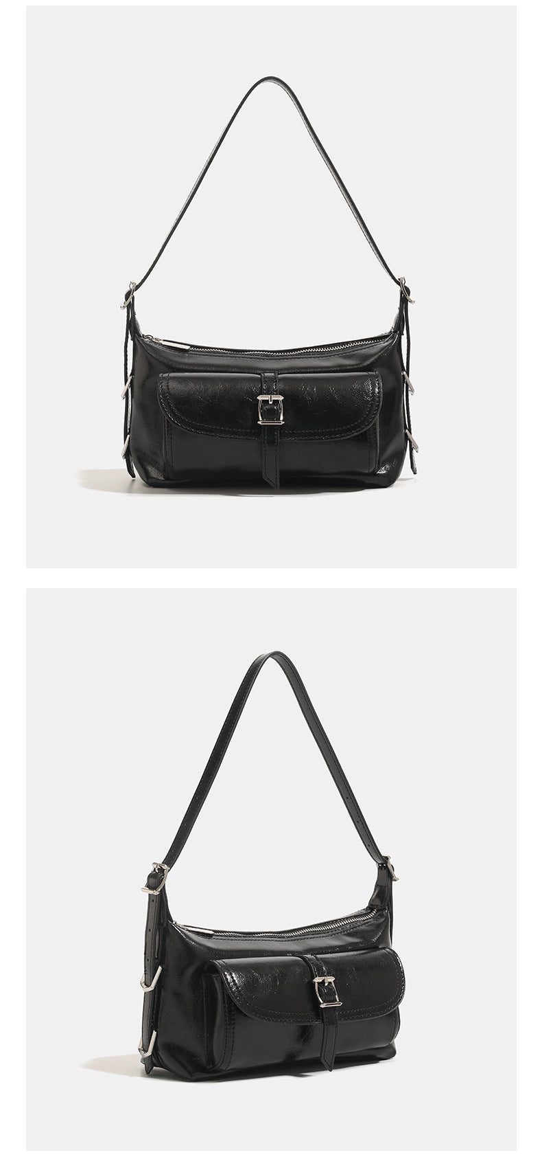 Compact glossy oil-wax leather-look shoulder bag with front buckle flap pocket and gold-tone hardware, detail view 9