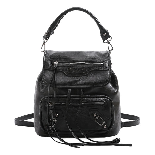 Mini flap backpack handbag with silver stud hardware, front zip pockets, and drawstring tassels, detail view 5