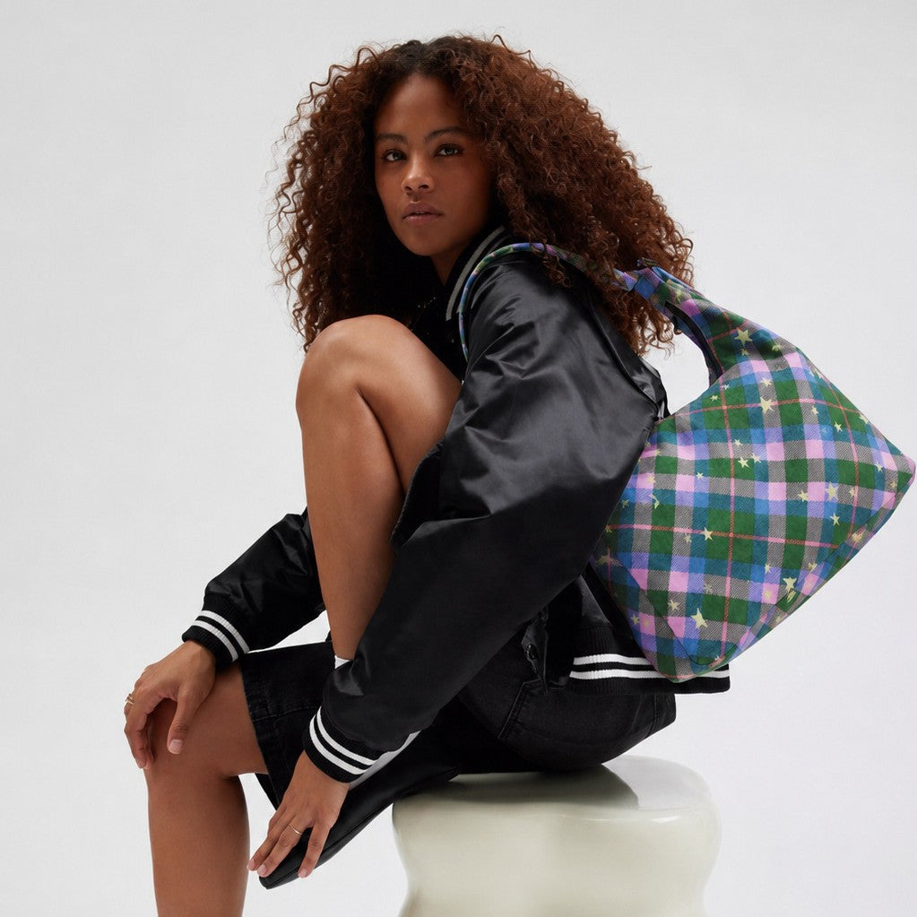 Multicolor plaid and star print hobo shoulder bag with knotted strap and silver-tone zip closure, detail view 4