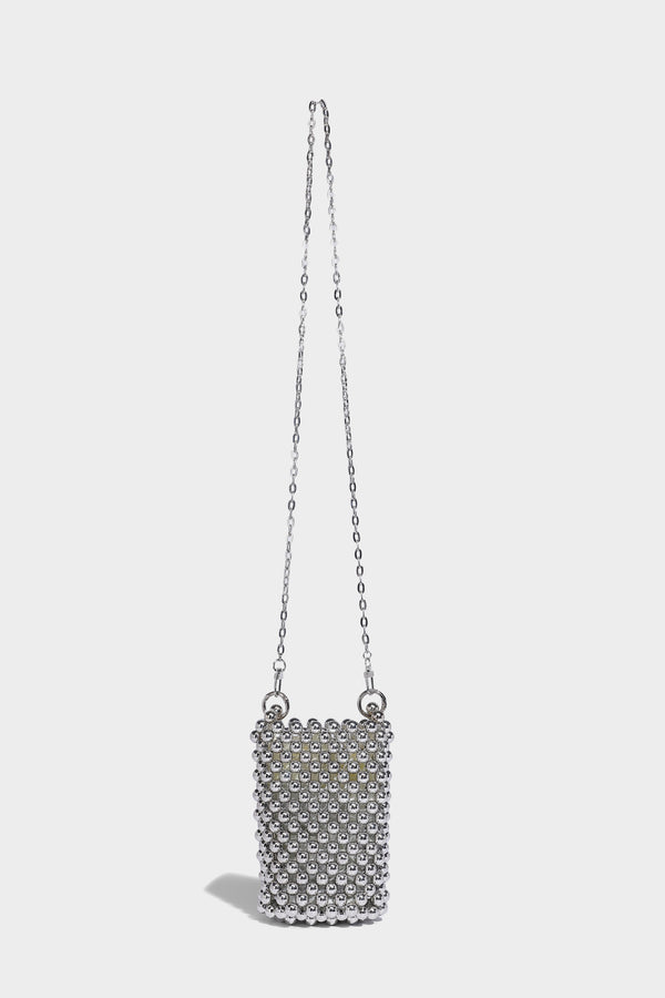 Mini-Bucket-Bag in zylindrischer Form, mit metallisch silberfarbenen Perlen besetzt, geflochtenem Tragegriff und Ketten-Schulterriemen, Detailansicht 27