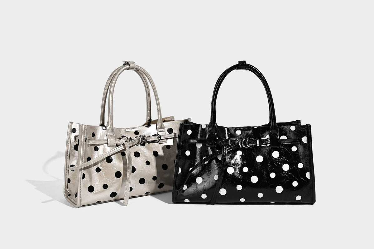 Structured glossy leather-look polka-dot satchel tote with dual top handles and detachable shoulder strap, detail view 7
