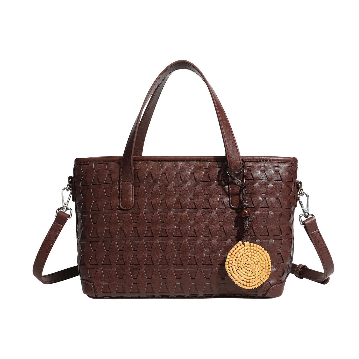 Strukturierte Tote-Bag in dunkelbrauner Lederoptik mit Webstruktur, zwei Tragegriffen, abnehmbarem Crossbody-Riemen und runde