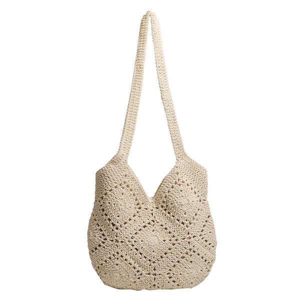 Gehäkelte, gewebte Schultertasche im Shopper-Stil mit offenem Webmuster, Stofffutter und langen Schulterriemen, Detailansicht 5