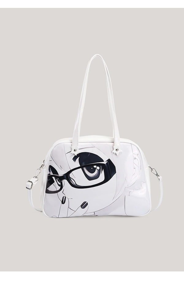Glänzende weiße strukturierte Tote-Bag mit schwarz-weißem Anime-Gesichtsmotiv, Reißverschluss oben und zwei Henkeln, Detailansicht